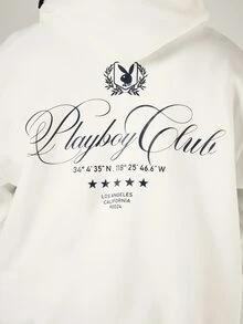 PLAYBOY X SUMWON Crop Fit Club Oversized Hoodie With Script Back Print And Logo Los Angeles California Graphic Pullover Sweatshirt Fall Winter - White - View 5
