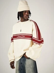 SUMWON Club Oversized Crew Neck Sweatshirt With Varsity Stripe Detailing And Script Chest Print For Fall Winter - Apricot - View 1