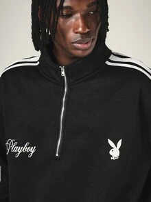 PLAYBOY X SUMWON Half-Zip Sweatshirt With Bunny Logo Embroidery Side Stripe Detail High Neck Pullover Fall Winter Streetwear Top - Black and White - View 5