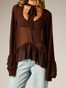 AiiRZ Sheer Chiffon Bell Sleeve Blouse With Tie Neck V-Neckline Ruffle Hem High-Low Hem Flowy Boho Top For Fall Winter Date Night - Coffee Brown - View 4