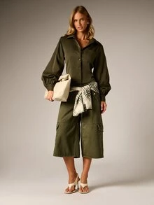 AiiRZ Olive Cropped Button-Down Shirt With Puff Sleeves Chest Pocket Relaxed Oversized Fit Collared Casual Everyday Top - Army Green - View 3