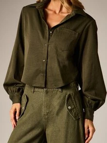 AiiRZ Olive Cropped Button-Down Shirt With Puff Sleeves Chest Pocket Relaxed Oversized Fit Collared Casual Everyday Top - Army Green - View 4
