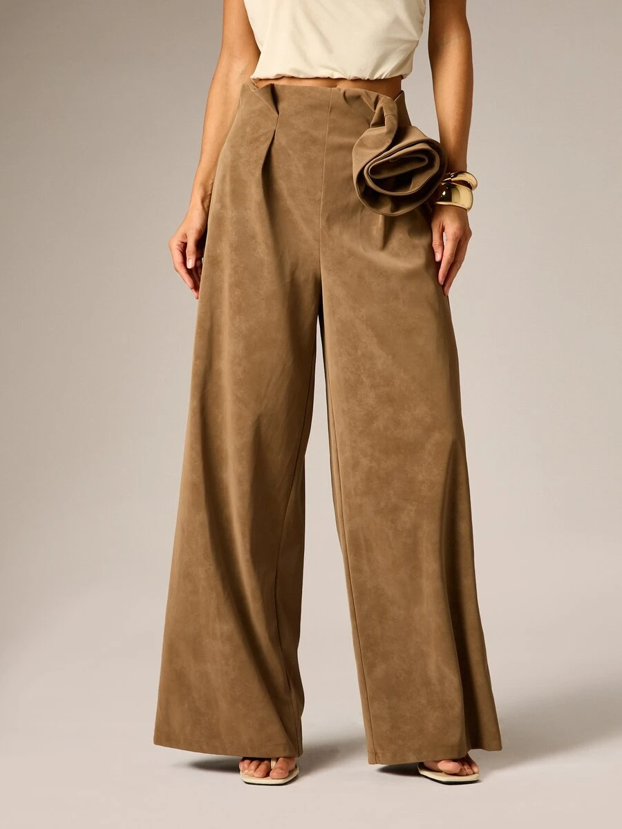 AiiRZ Faux Suede High Rise Palazzo Wide Leg Pants With Rosette Flower Detail Elegant Full Length Pleated Trousers For Fall Winter - Brown - View 1