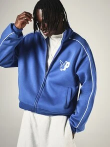 PLAYBOY X SUMWON Bunny Logo Full-Zip Track Jacket With White Contrast Piping, Ribbed Cuffs And Hem, Oversized Fit, Long Sleeve - Blue - View 1