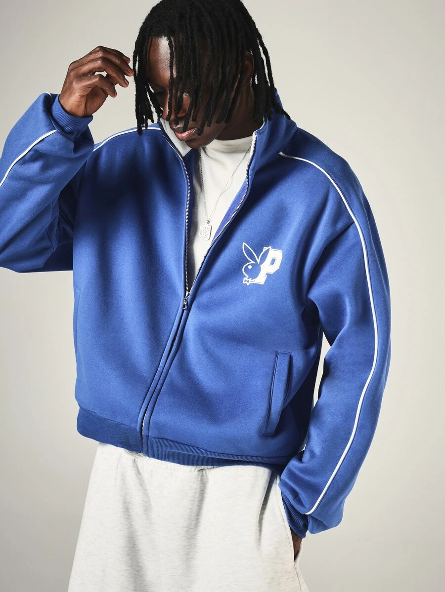 PLAYBOY X SUMWON Bunny Logo Full-Zip Track Jacket With White Contrast Piping, Ribbed Cuffs And Hem, Oversized Fit, Long Sleeve - Blue - View 1