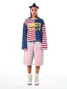 SUMWON WOMEN Sports Oversized Long Sleeve Striped Top With Japanese Script Graphic Print And Colour Block Panels - Multicolor - View 3