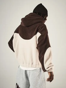 SUMWON Oversized Full Zip Sherpa Fleece Hoodie Color Block Two Tone Fluffy Teddy Jacket Winter Cozy Outerwear - Multicolor - View 2