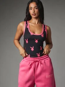 Missguided x Playboy Bunny AOP Scoop Neck Sleeveless Crop Tank Bodysuit With Hot Pink Logo Print And Contrast Trim Detail - Multicolor - View 1