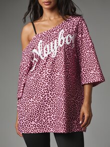 Missguided x Playboy Oversized Leopard Print Off-Shoulder Graphic Logo Tee Longline Tunic Top Elbow Sleeve Summer Festival Style - Multicolor - View 4