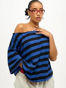 SUMWON WOMEN Oversized Striped Crop Top With Asymmetric Off-Shoulder Neckline And Short Sleeves Top - Navy Blue - View 4