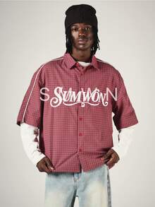 SUMWON Oversized Checked Short Sleeve Button-Up Shirt With Contrast Piping And Bold Logo Print For Summer Casual Streetwear - Red - View 1