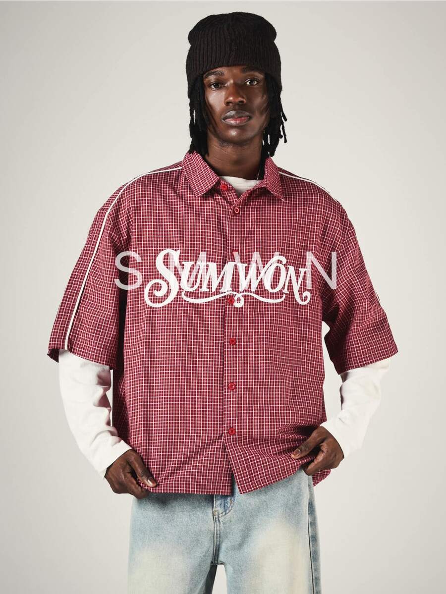 SUMWON Oversized Checked Short Sleeve Button-Up Shirt With Contrast Piping And Bold Logo Print For Summer Casual Streetwear - Red - View 1