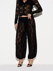 KIZN Sheer Black Floral Lace Wide Leg Pants With Sequin Embellishment Elastic Waist Full Length Party Night Out Holiday Trousers - Black - View 1