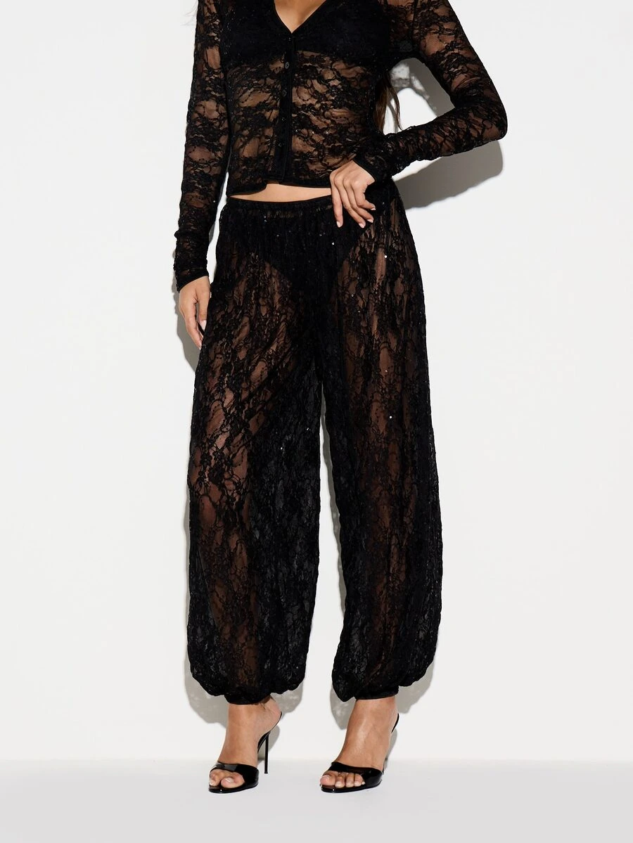 KIZN Sheer Black Floral Lace Wide Leg Pants With Sequin Embellishment Elastic Waist Full Length Party Night Out Holiday Trousers - Black - View 1