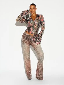 SUMWON WOMEN Blus Crop Jala Motif Bunga Oriental AOP dengan Lengan Lonceng Bertingkat dan Ruffle, Kerah V-Neck, Kancing Depan, Atasan Pesta Festival Musim Semi - MultiWarna - View 5