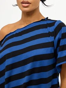SUMWON WOMEN Oversized Striped Crop Top With Asymmetric Off-Shoulder Neckline And Short Sleeves Top - Navy Blue - View 6