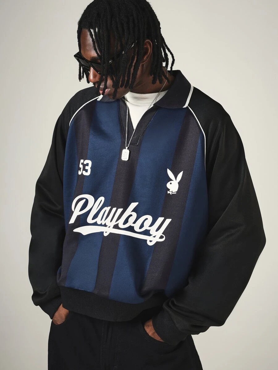 PLAYBOY X SUMWON Bunny Logo Oversized Rugby Pullover Sweatshirt With Vertical Stripes Quarter Zip Collar And Raglan Sleeves - Multicolor - View 1
