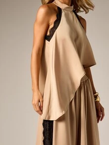 AiiRZ Blus Satin Leher Halter dengan Hiasan Renda Hitam, Potongan Hem Tinggi-Rendah, dan Detail Lubang di Bagian Belakang, Atasan Pesta Malam - Khaki - View 5