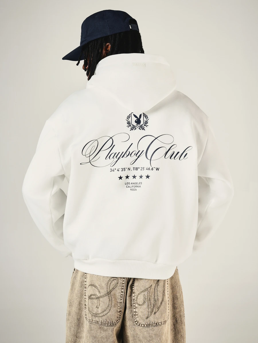 PLAYBOY X SUMWON Crop Fit Club Oversized Hoodie With Script Back Print And Logo Los Angeles California Graphic Pullover Sweatshirt Fall Winter - White - View 1