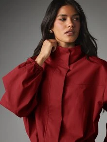 MISSGUIDED Mock Neck Long Balloon Sleeve Mini Dress With Drawstring Waist And Elasticated Cuffs Fall Winter Holiday Party - Burgundy - View 2