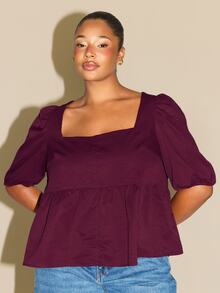 Fashion Szn Plus Size Square Neck Petal Sleeve Top Square Neck Peplum Top, Peplum Top, Square Neck Top, Flattering Top, Body Conscious Top, Figure Flattering Top, Fitted Waist Top, Cinched Waist Top, Puff Sleeve Top, Short Sleeve Top, Feminine Top, Date Night Top, Occasion Top, Curve Top, Plus Size Top, Autumn Winter Top, AW Top, Transitional Top, Key Trending Item - Brown - View 4