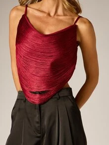 AiiRZ Ruched Cowl Neck Cami Crop Top With Spaghetti Straps Open Back Buckle Detail Party Night Out - Burgundy - View 4