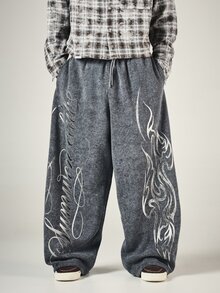 SUMWON Clube Washed Fleece Wide Leg Sweatpants With Cursive Script And Flame Graphic Leg Print Drawstring Waist - Grey - View 1