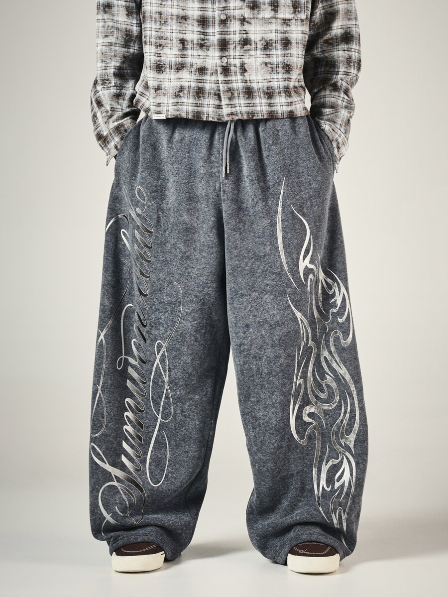SUMWON Clube Washed Fleece Wide Leg Sweatpants With Cursive Script And Flame Graphic Leg Print Drawstring Waist - Grey - View 1