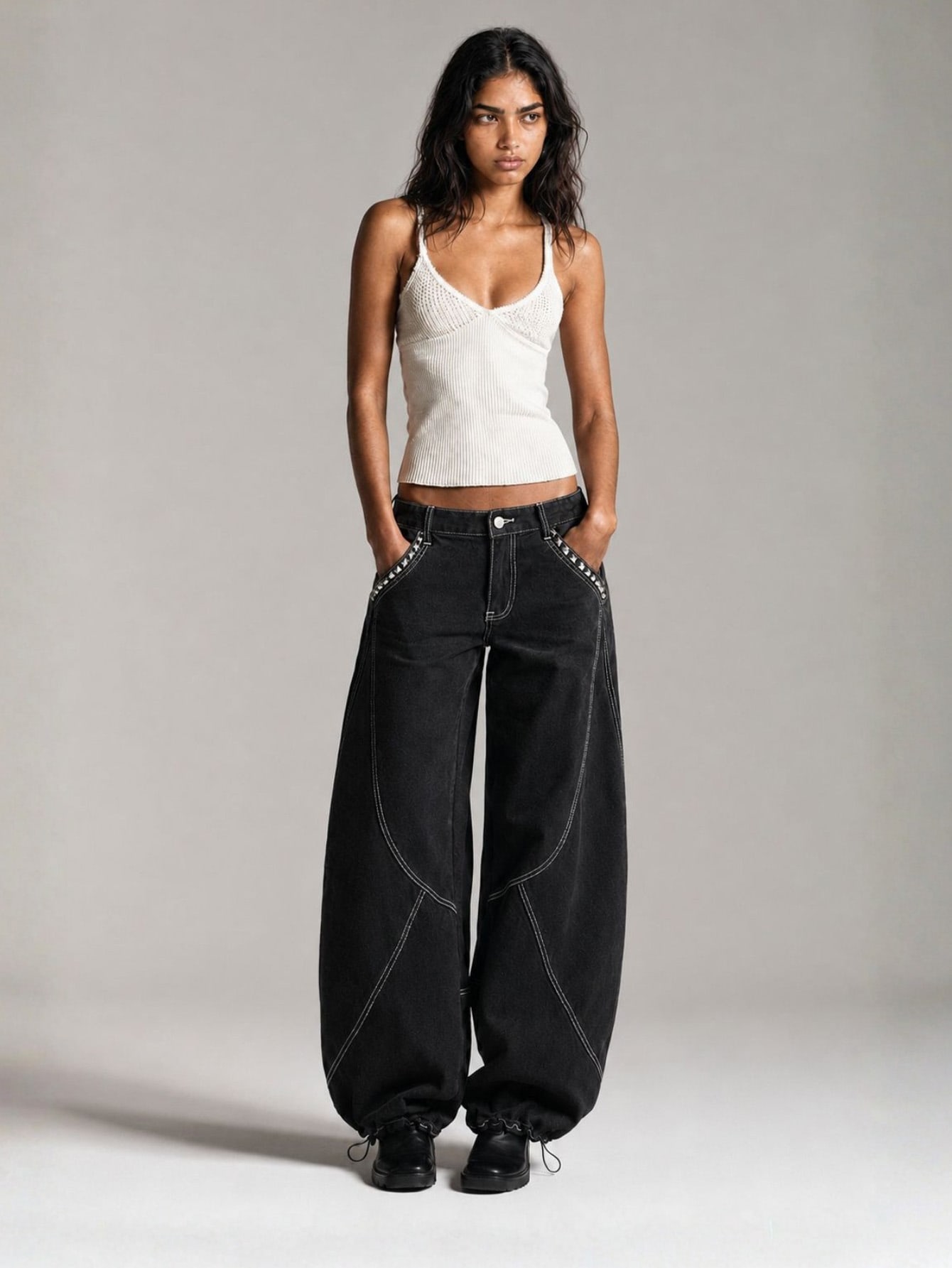 Black With White Contrast Stitch Baggy Denim Jeans, view 8