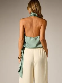 AiiRZ Satin Halter Neck Crop Top With Open Back And Draped Tie Detail Perfect For Summer Party Evening Wear - Green - View 2