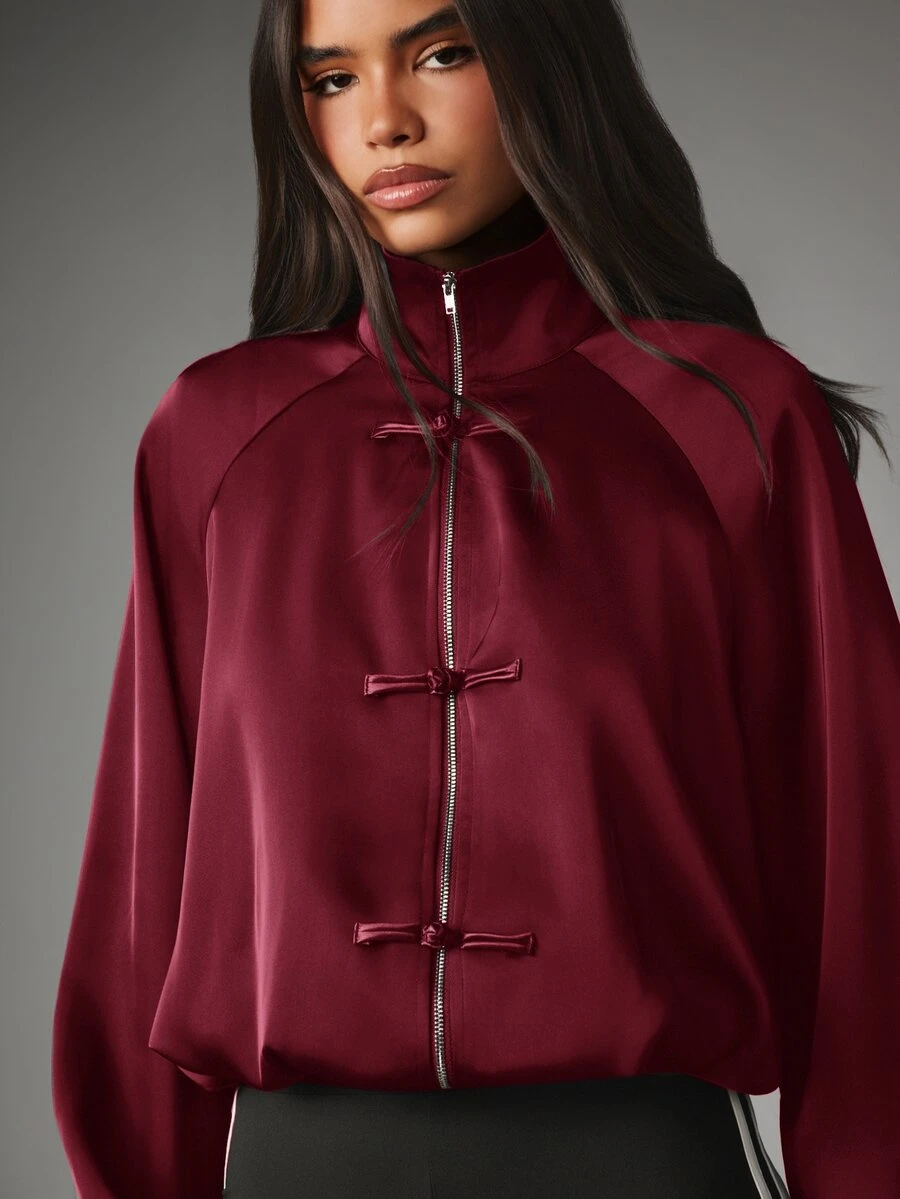 MISSGUIDED Satin Bomber Jacket With Mandarin Collar Zip Front Frog Closure Raglan Sleeves And Elasticated Cuffs Chinese Inspired Luxe Top - Burgundy - View 1