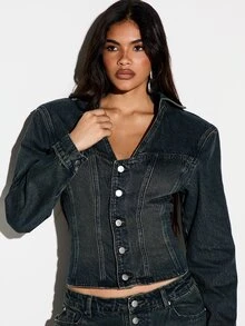 KIZN Cropped Denim Jacket With Corset Seaming Deep V Neckline Structured Shoulders And Silver Button Closure Fall Winter Layering Essential - Medium Wash - View 6