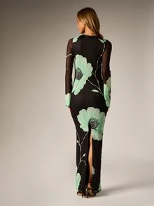 AiiRZ Gaun Maxi Bodycon Motif Bunga dengan Lengan Panjang Jala Transparan, Leher Bulat, dan Belahan Belakang, Gaun Pesta Malam Musim Semi - MultiWarna - View 2