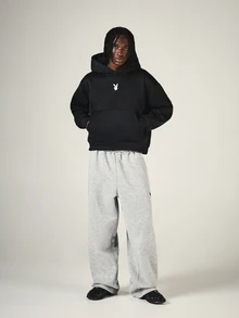 PLAYBOY X SUMWON Crop Fit Oversized Pullover Hoodie With Bunny Logo Chest Print And Script Back Graphic Long Sleeve Casual Streetwear - Black - View 3