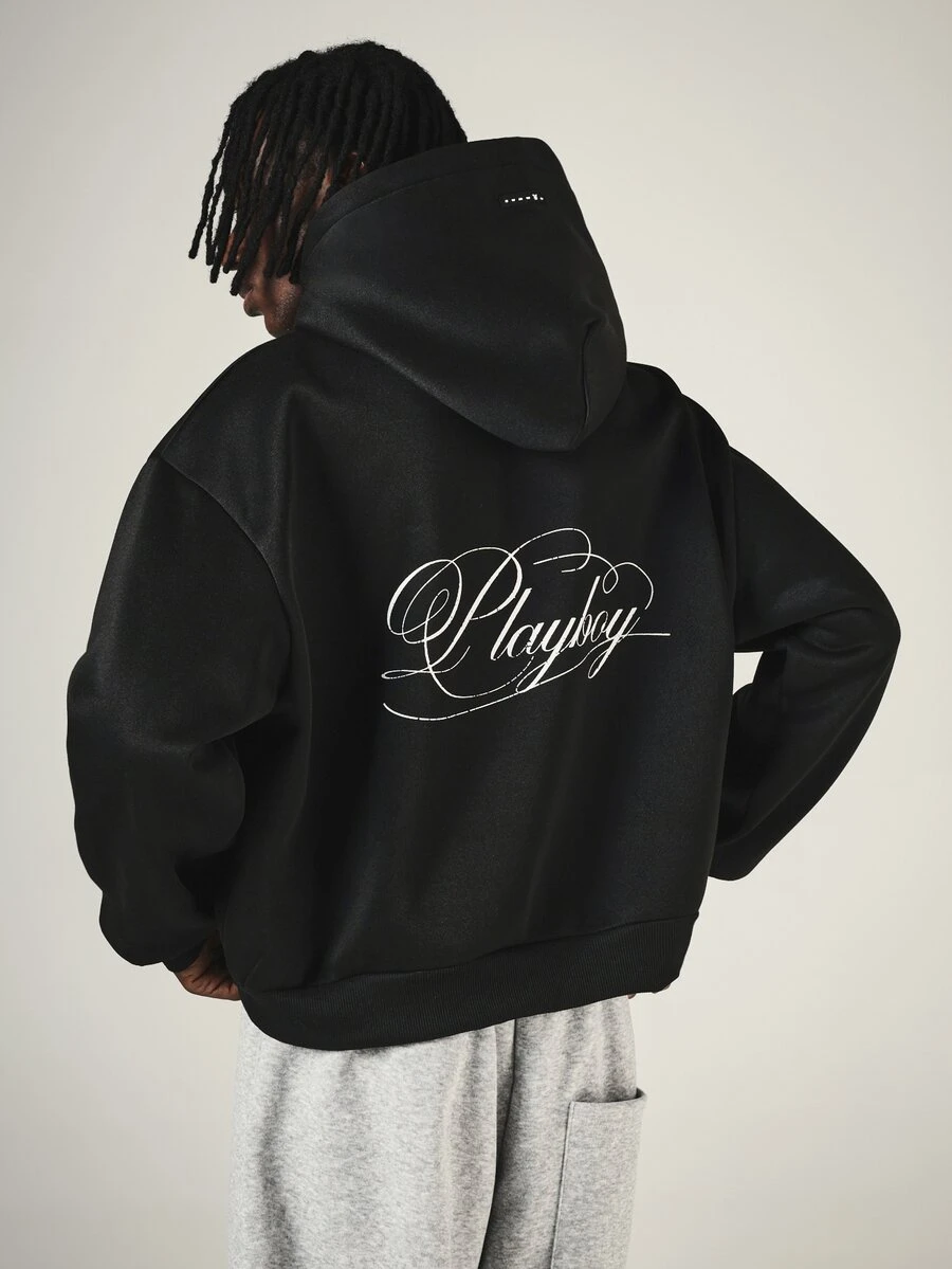 PLAYBOY X SUMWON Crop Fit Oversized Pullover Hoodie With Bunny Logo Chest Print And Script Back Graphic Long Sleeve Casual Streetwear - Black - View 1