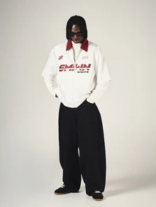SUMWON Boxy Fit Sports Pinstripe Zip-Up Oversized Short Sleeve Shirt With Contrast Red Collar And Bold Front Logo Print - Multicolor - View 3