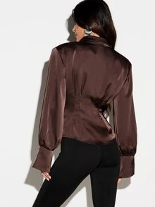 KIZN Satin Corset-Style Button-Down Blouse With Puff Long Sleeves Collared Neckline And Peplum Waist Detail For Fall Winter - Coffee Brown - View 3
