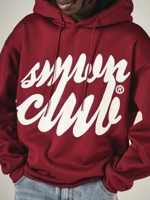 SUMWON Club Oversized Pullover Hoodie With Large Script Logo Front Print And Drawstring Hood For Fall Winter - Burgundy - View 4