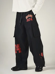 SUMWON Wide Leg Cargo Pants With Varsity Numeric Graphic Print Elastic Ankle Adjustable Waist Belt Oversized Fit Casual Street Style Trousers - Black - View 4