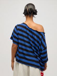 SUMWON WOMEN Oversized Striped Crop Top With Asymmetric Off-Shoulder Neckline And Short Sleeves Top - Navy Blue - View 2