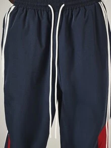 SUMWON Wide Leg Track Pants With Side Stripe Color Block Design Drawstring Waist And Embroidered Logo Detail - Navy Blue - View 6