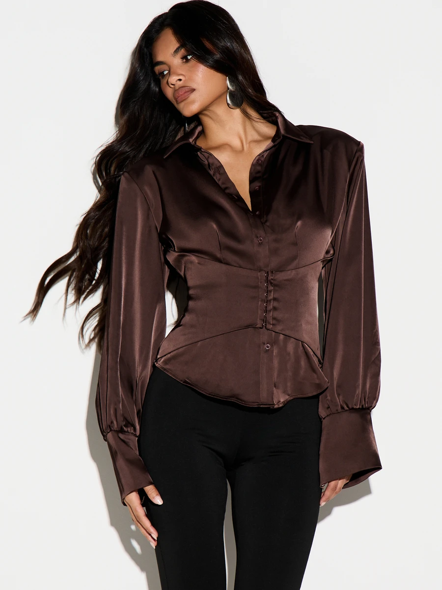 KIZN Satin Corset-Style Button-Down Blouse With Puff Long Sleeves Collared Neckline And Peplum Waist Detail For Fall Winter - Coffee Brown - View 1
