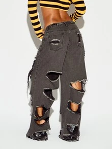 SUMWON WOMEN Extreme Distressed Wide Leg Jeans Mid Rise Full Length Heavily Ripped Destroyed Denim Pants Frayed Edges Grunge Style Fall Festival - Black - View 5