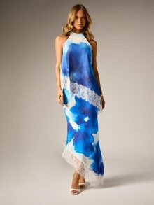 AiiRZ Watercolor Print Halter Neck Open Back Maxi Dress With Lace Trim Detail Summer Wedding Guest Vacation Dress - Multicolor - View 3