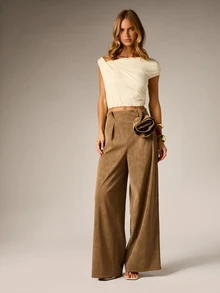 AiiRZ Faux Suede High Rise Palazzo Wide Leg Pants With Rosette Flower Detail Elegant Full Length Pleated Trousers For Fall Winter - Brown - View 5