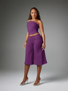 BABYPHAT بنطال كولوتس واسع الساق مع حزام خصر مطوي وحافة واسعة، بنطال قصير متوسط الطول، ملابس مناسبة للعطلات والصيف والمهرجانات والمناسبات - الأرجواني - مشاهدة 3