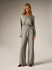 AiiRZ Soft Knit Co-Ord Set Long Sleeve Notch Neck Top And Wide Leg Drawstring Pants Two-Piece Loungewear Outfit - Grey - View 1