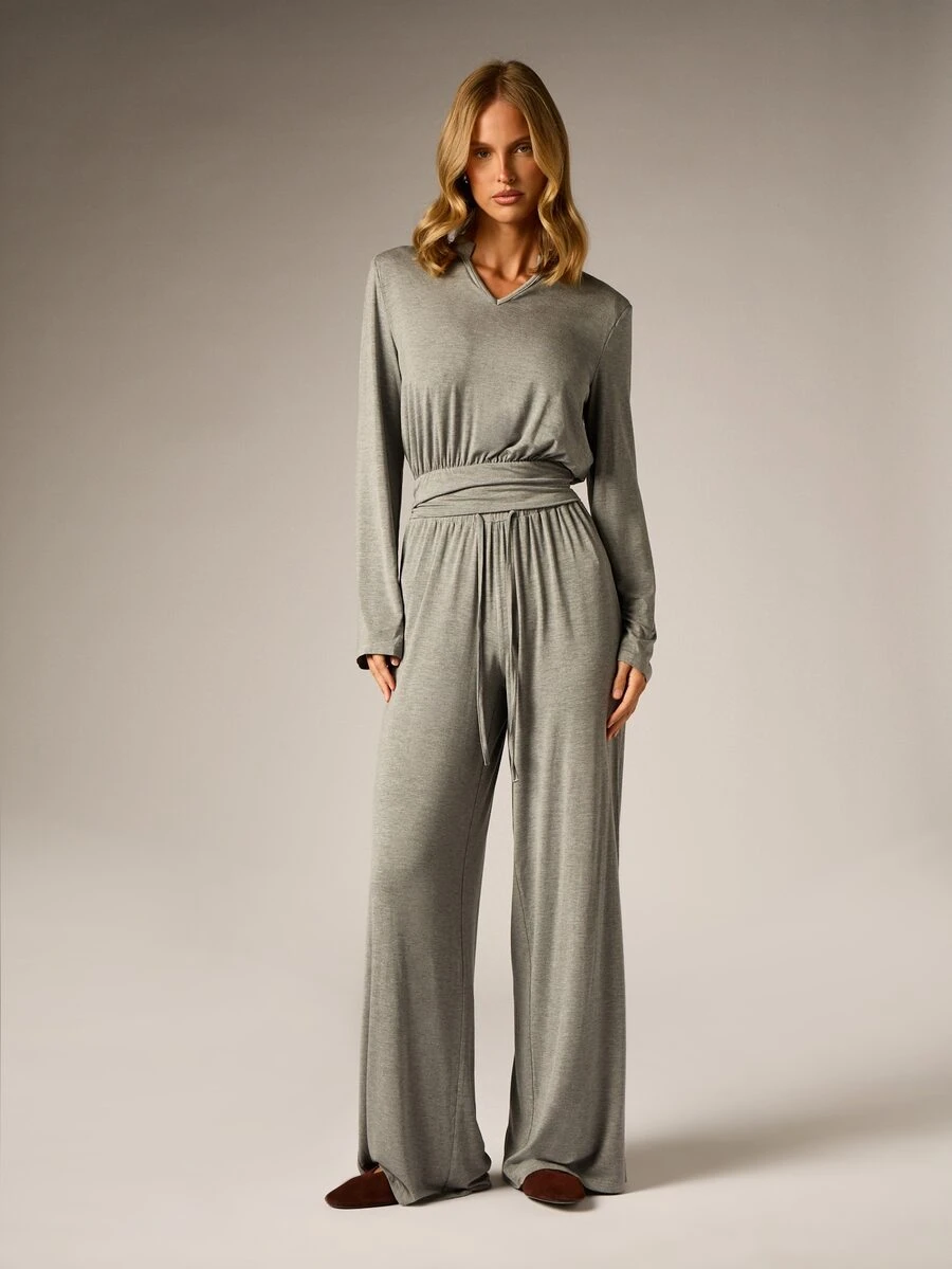 AiiRZ Soft Knit Co-Ord Set Long Sleeve Notch Neck Top And Wide Leg Drawstring Pants Two-Piece Loungewear Outfit - Grey - View 1