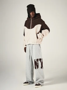 SUMWON Oversized Full Zip Sherpa Fleece Hoodie Color Block Two Tone Fluffy Teddy Jacket Winter Cozy Outerwear - Multicolor - View 3