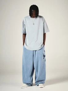 SUMWON Washed Wide Leg Sweatpants With Gothic Logo Leg Print Elastic Waist Drawstring Casual Relaxed Fit Fleece Joggers - Blue - View 4